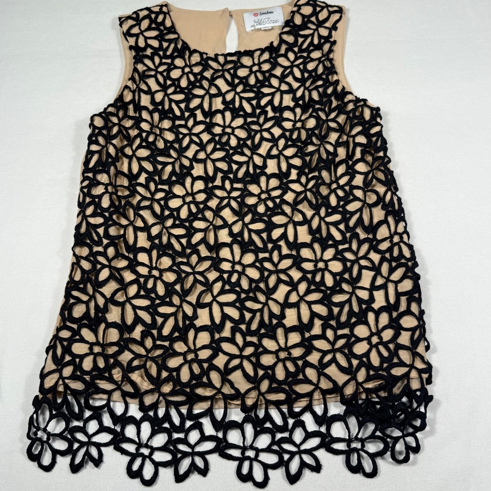 Lela Rose Neiman Marcus Top S Blackw/Tan Crochet Lace Silk Blend Dressy Casual